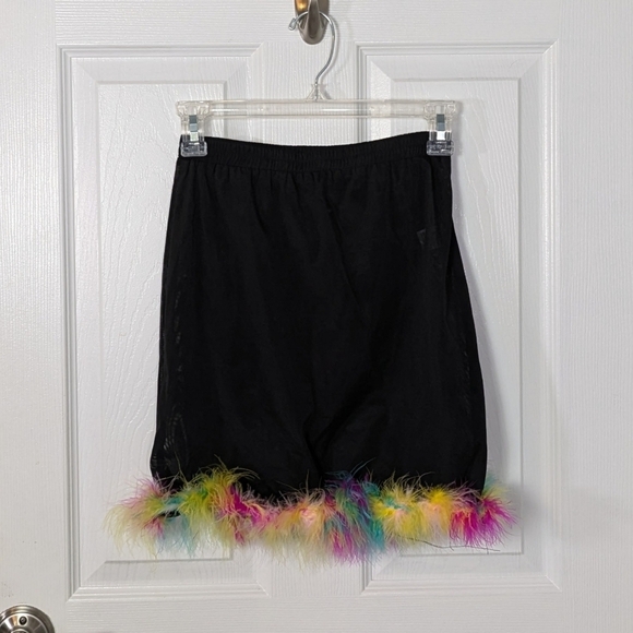 Hot & Delicious Multicolor Feather Trim Black Mesh Mini Party Skirt Size‎ Medium - Picture 1 of 6